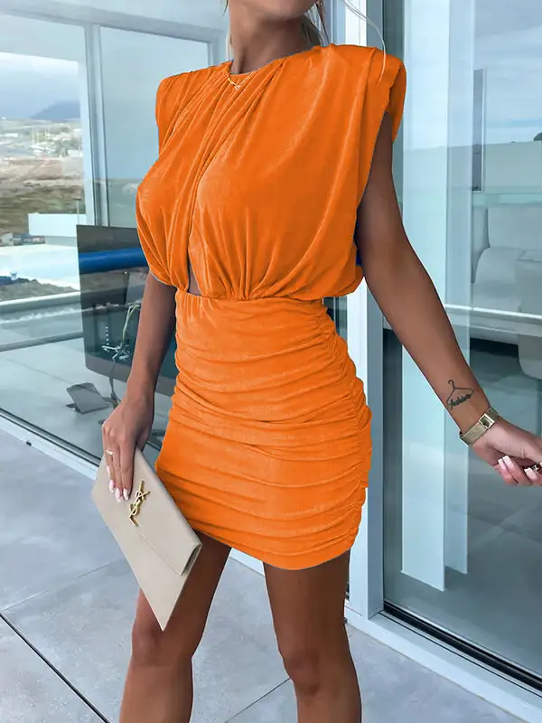 Short Sleeve Skinny Hollow Pleated Shoulder Pad Solid Color Round Neck