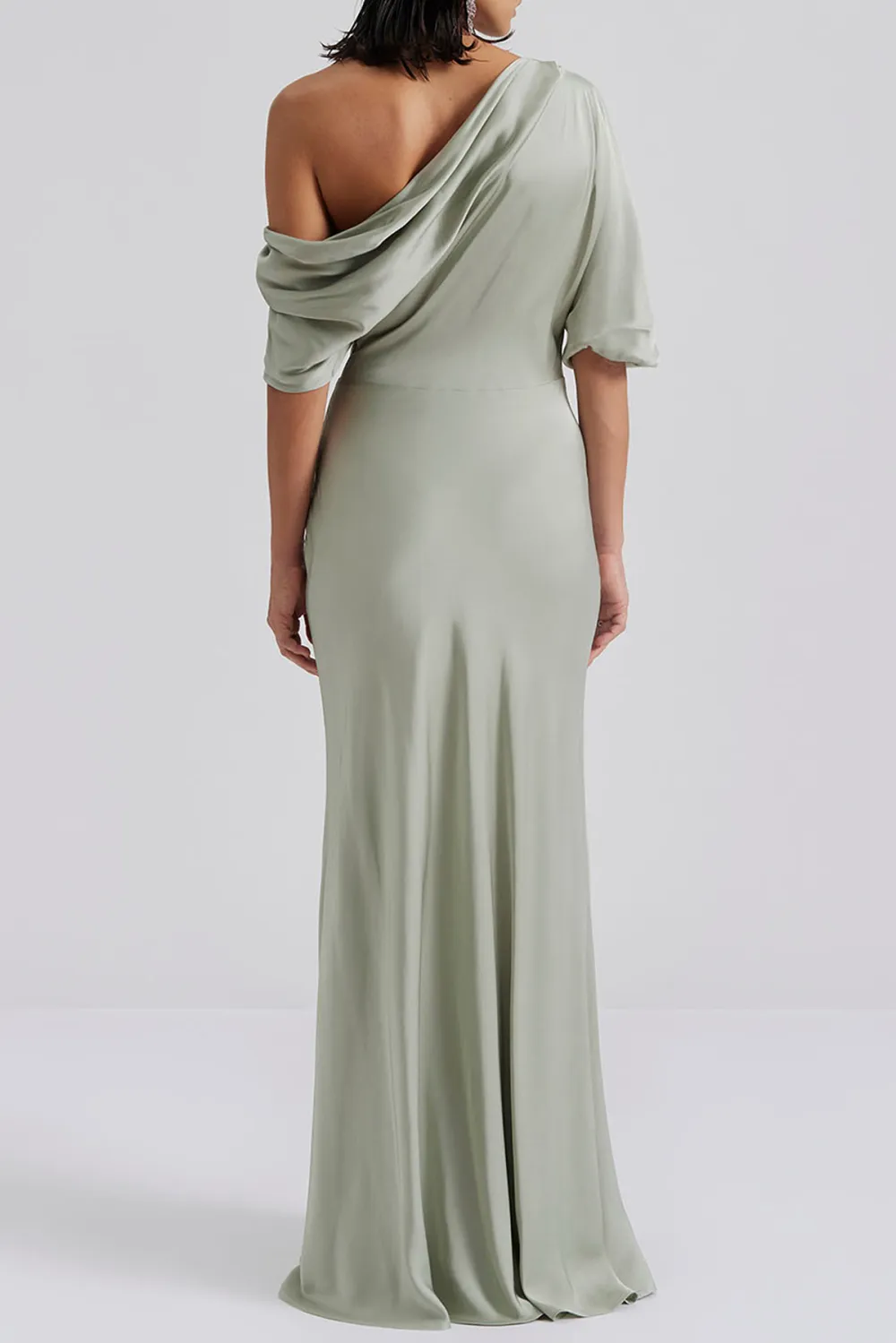 Asymmetrical Shoulder Satin Maxi Dress