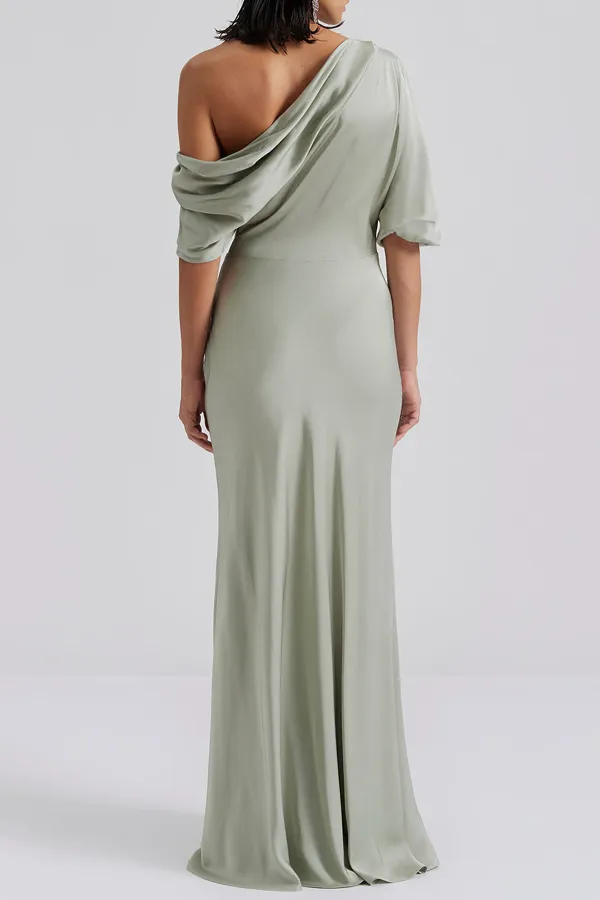Asymmetrical Shoulder Satin Maxi Dress