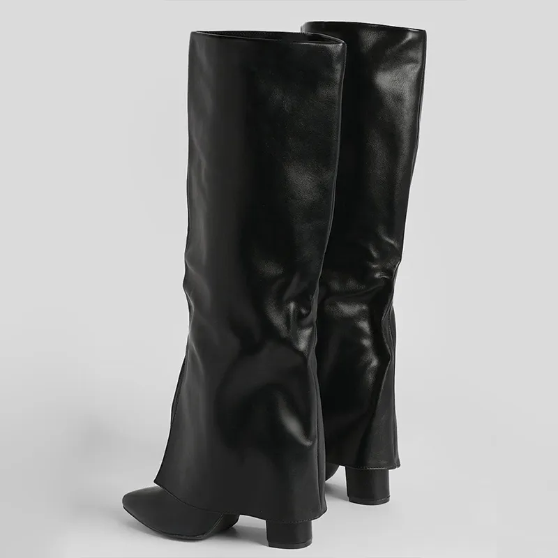 Pointed-Toe Chunky-Heel Platform Knee-High Boots