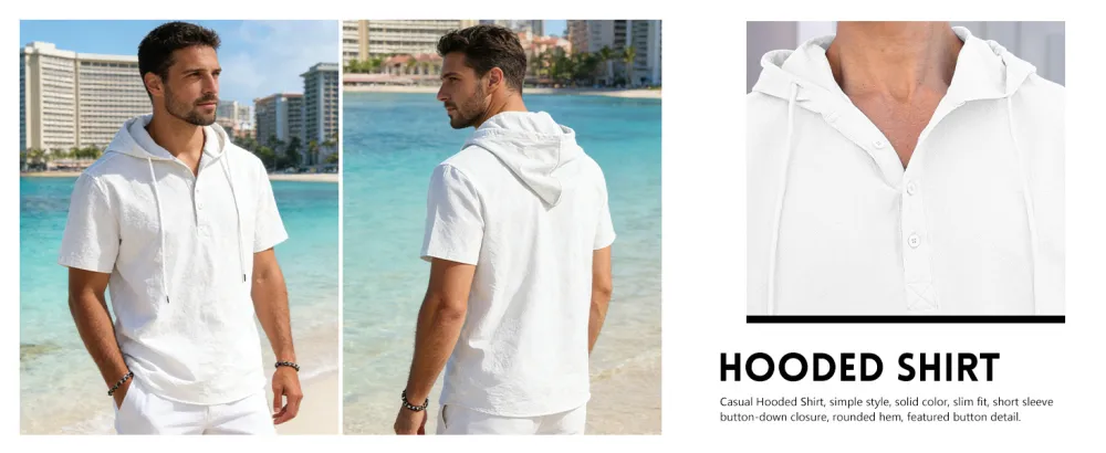 Men's Cotton Linen Short Sleeve Hooded Shirt