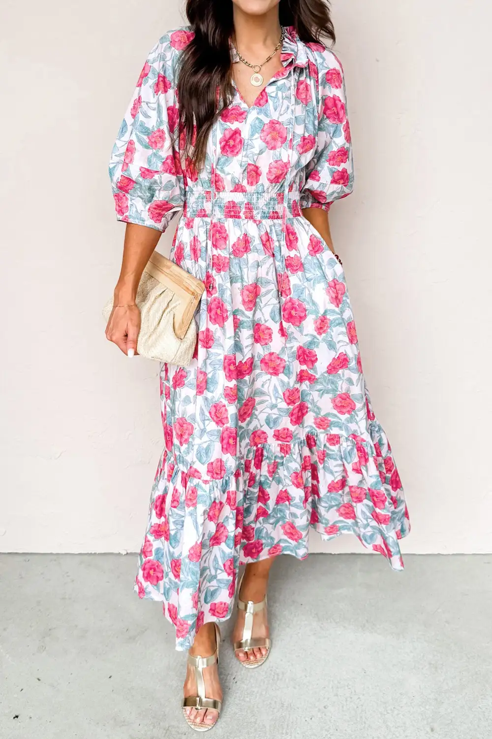 Comfort Fit Floral Puff Sleeve Midi Dress