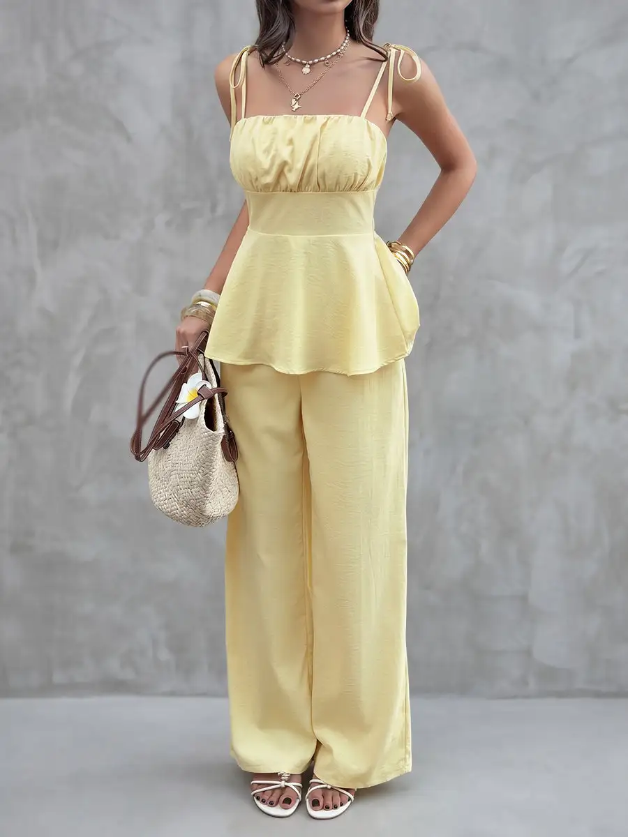 Relaxed Sleeveless Pleated Strappy Neck Vest And Pants Set