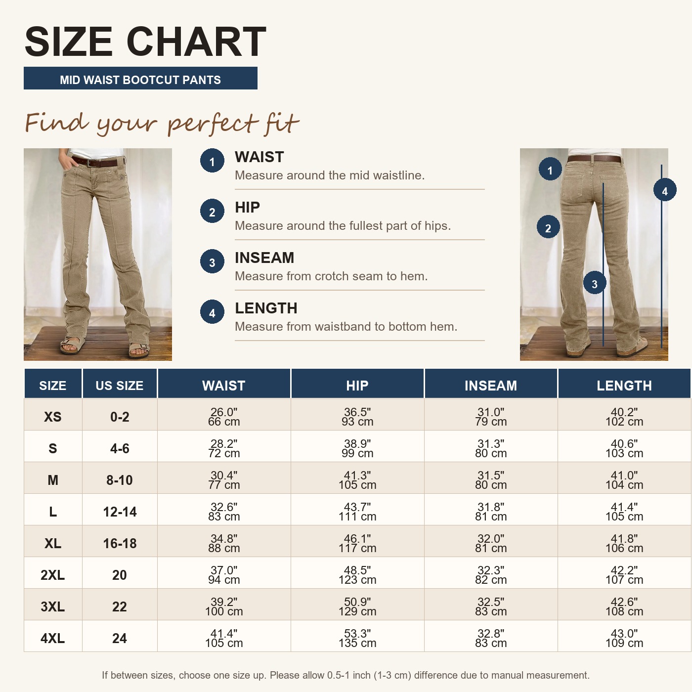 Size chart for mid waist bootcut pants