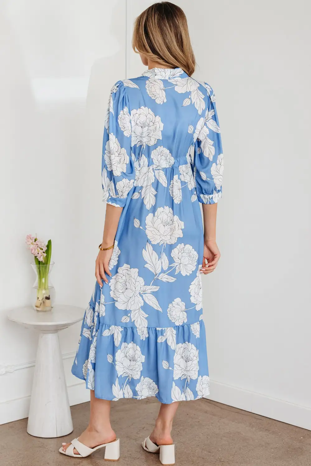 Sky Print Shirt Collar Button Down Sleeve Ruffle Hem Long Dress
