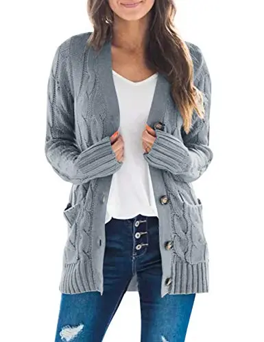 Women's Long Sleeve Cable Knit Sweater Open Front Cardigan Button Loose Outerwear