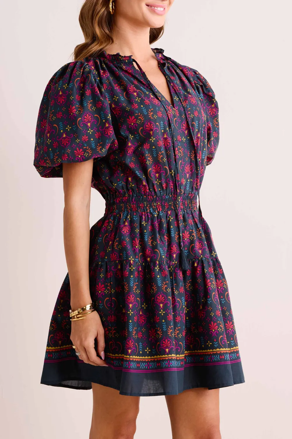 Navy Floral Print Puff Sleeve Tie-Waist Dress