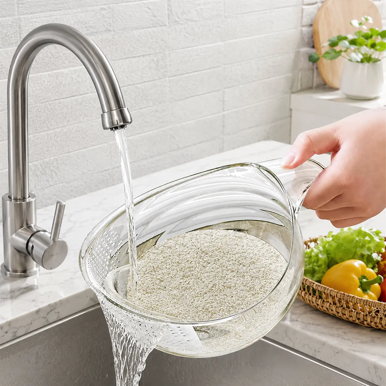 Multifunctional Rice Strainer with Handle - Clear BPA-Free Kitchen Colander - Fine Round Drain Holes