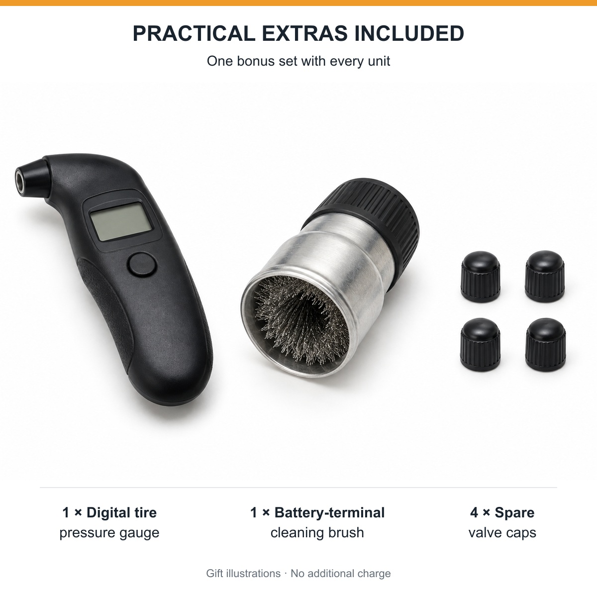 Free with each unit: one digital tire-pressure gauge, one battery-terminal cleaning brush and four spare valve caps; gift illustrations