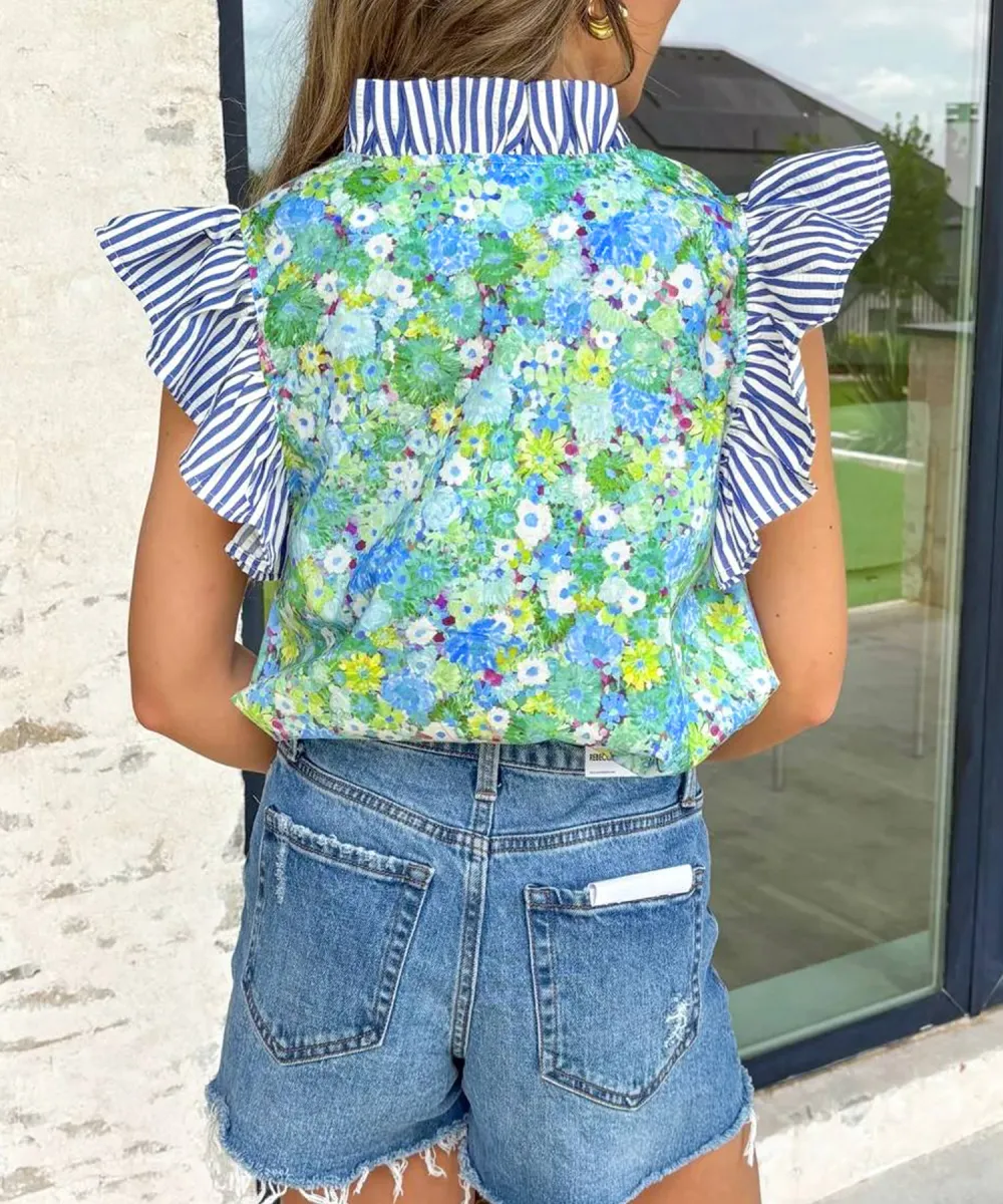 Green Floral Painting Print Striped Patchwork Flutter Sleeve V Neck Blouse
