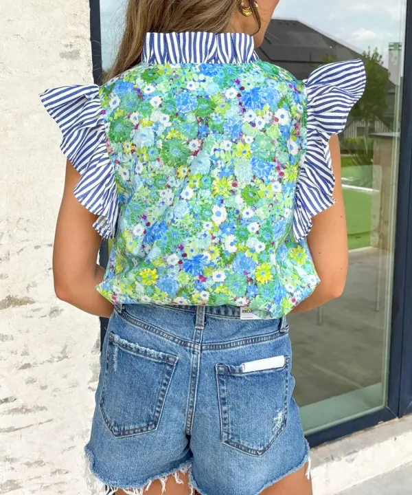 Green Floral Painting Print Striped Patchwork Flutter Sleeve V Neck Blouse