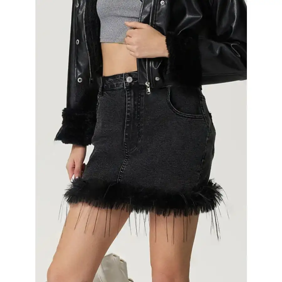 Plush Hem Mini Denim Skirt