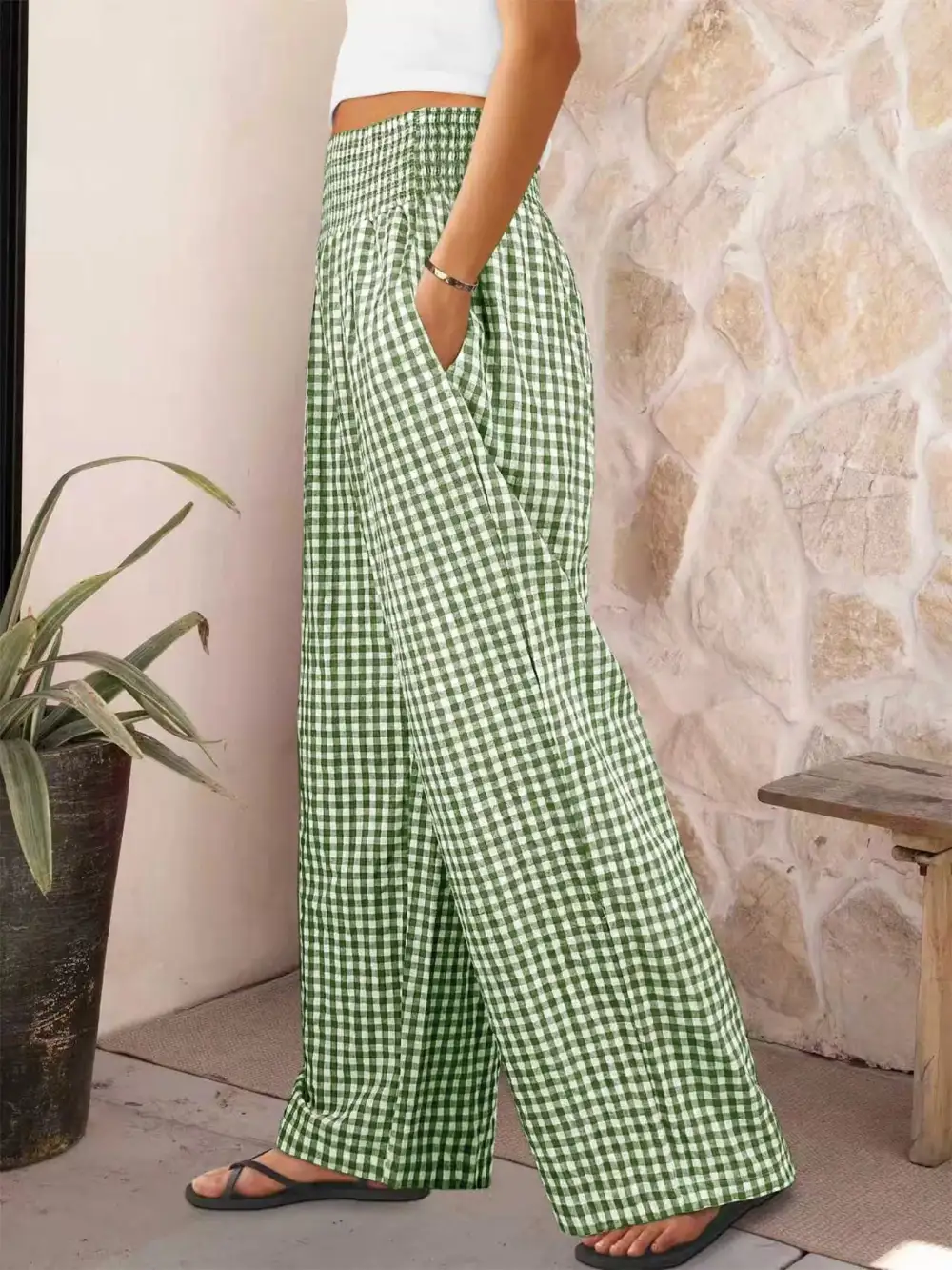 Sequin Gingham High Rise Wide Leg Pants