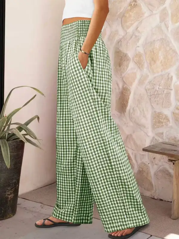 Sequin Gingham High Rise Wide Leg Pants