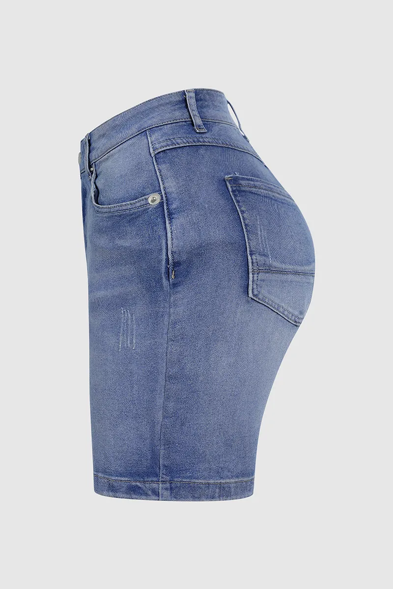 Zip Fly Ripped Denim Shorts Without Belt