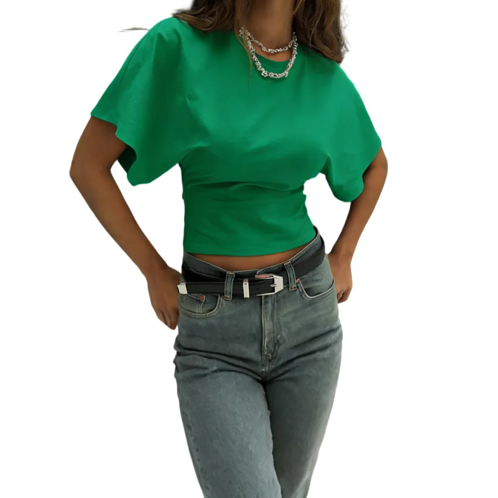 Women's Solid Color Crop Tee, Casual Half Sleeve Round Neck T-shirt