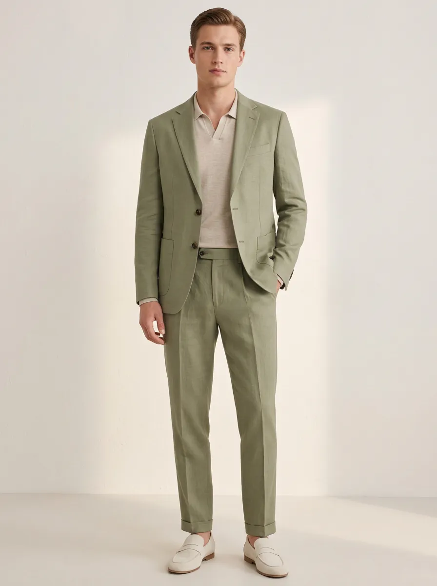 Men's Sage Green Linen Casual Tailored Suit Set