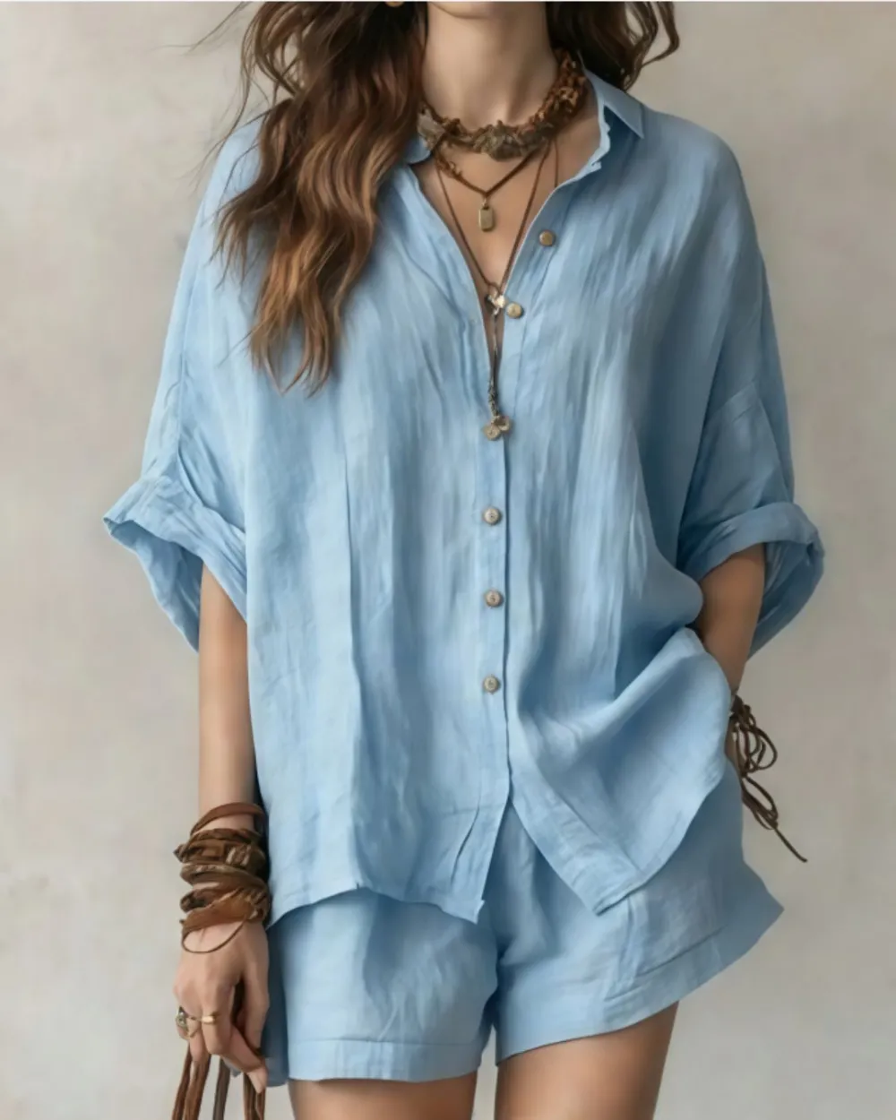 Button-Up Shirt and Wide-Leg Shorts Set