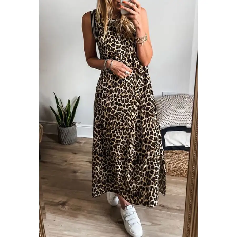 Side Slit Leopard Sleeveless Maxi Dress