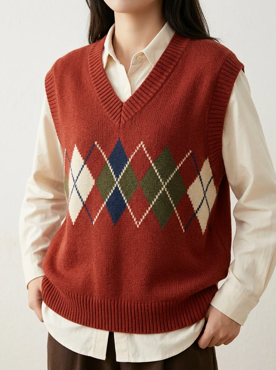 Preppy Argyle Button Sweater Vest