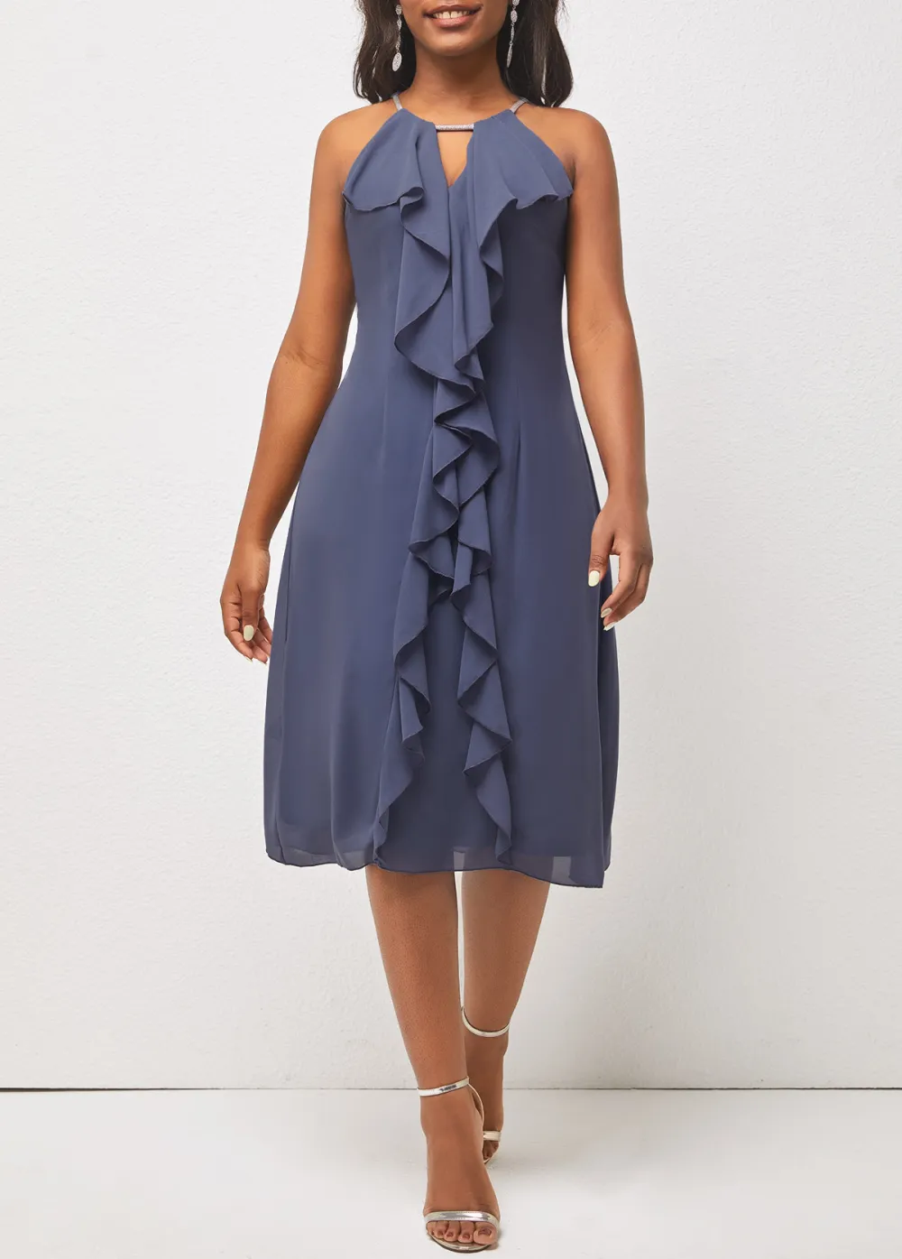 Flounce Bib Neck Dusty Blue Cutout Dress