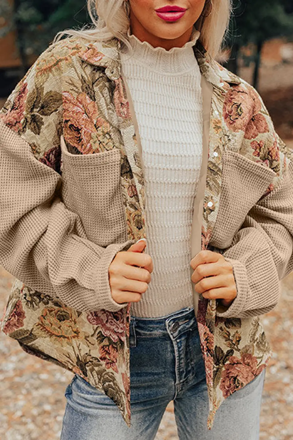 Floral Waffle Knit Patchwork Chest Pockets Button Jacket