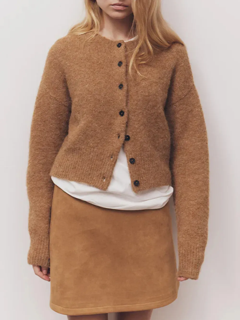 Casual Style Crew Neck Cardigan Camel