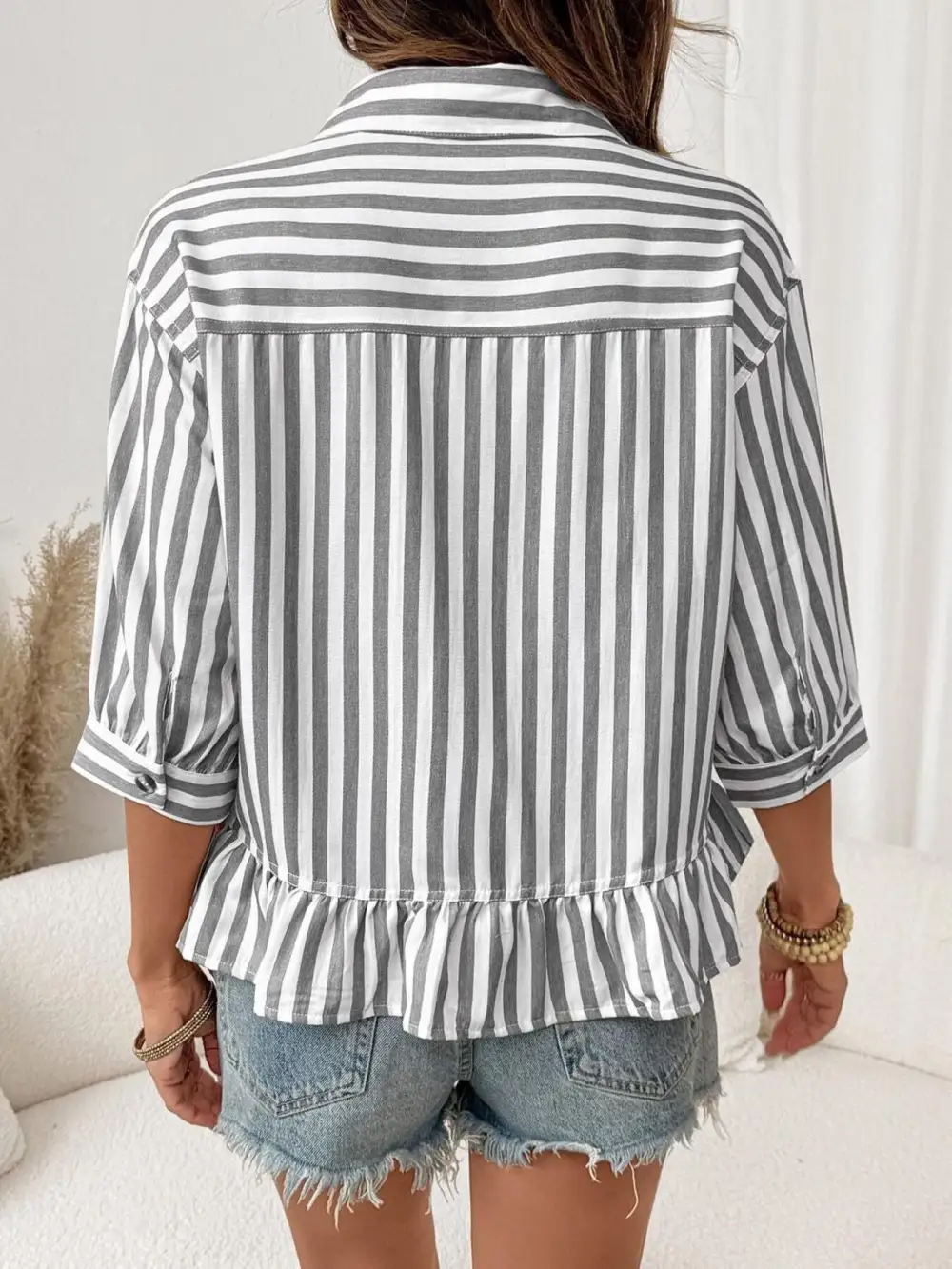 Striped Ruffle Hem Button Down Shirt