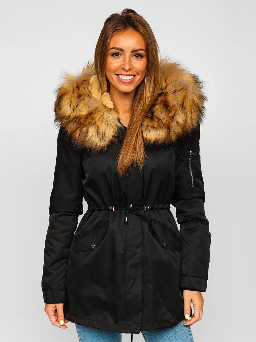 Black women's winter parka jacket with hood