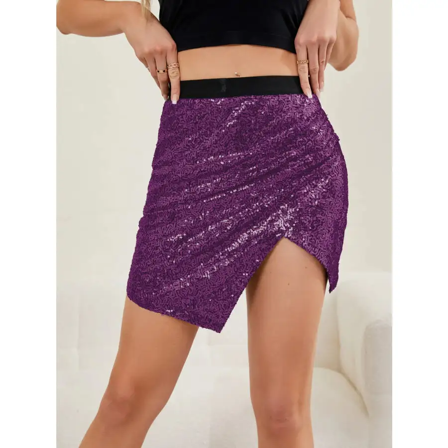 Asymmetrical Slit Sequin Skirt