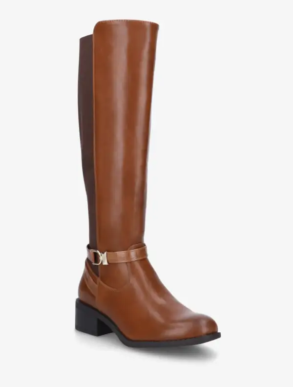 Everyday Riding Strap Detail Block Heel Faux Leather Knee High Boots