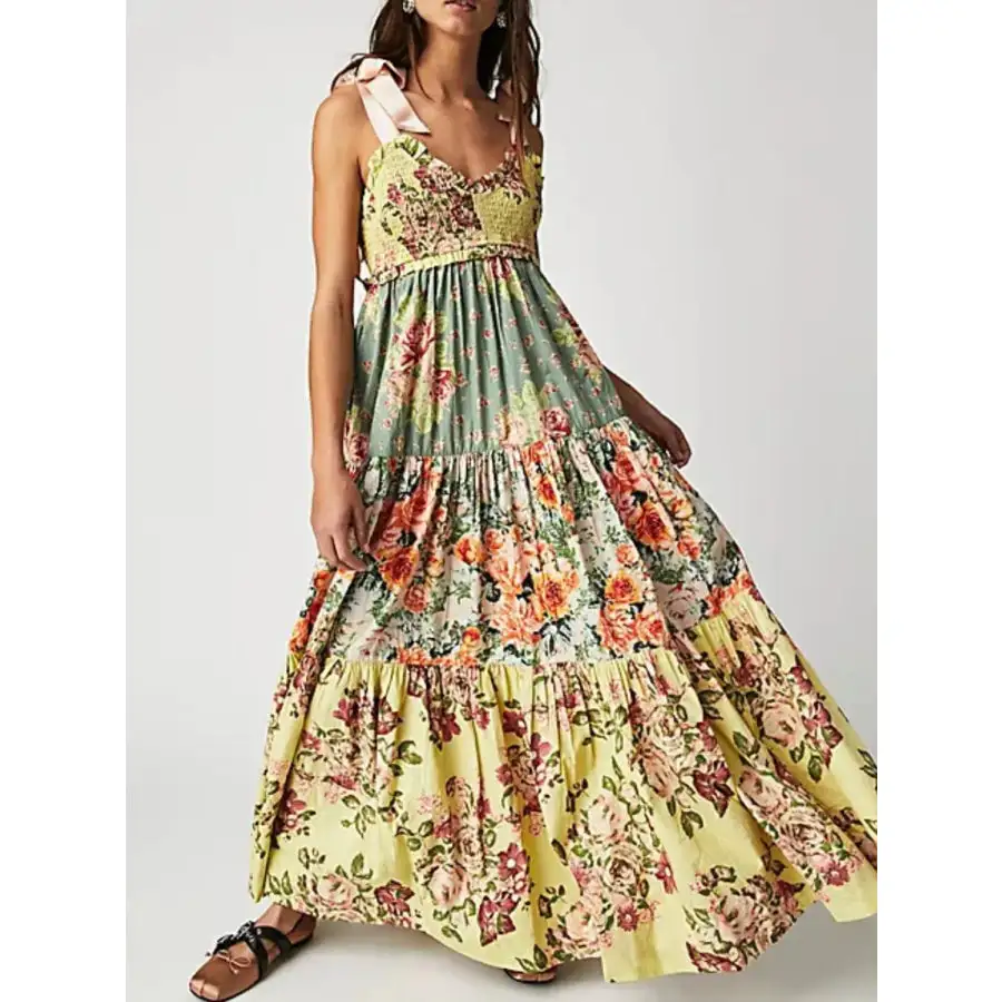 Printed V Neck Tie Shoulder Cami Dress