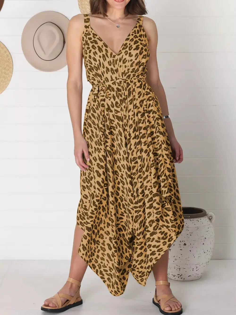 Plus Size Leopard Print V Neck Jumpsuit