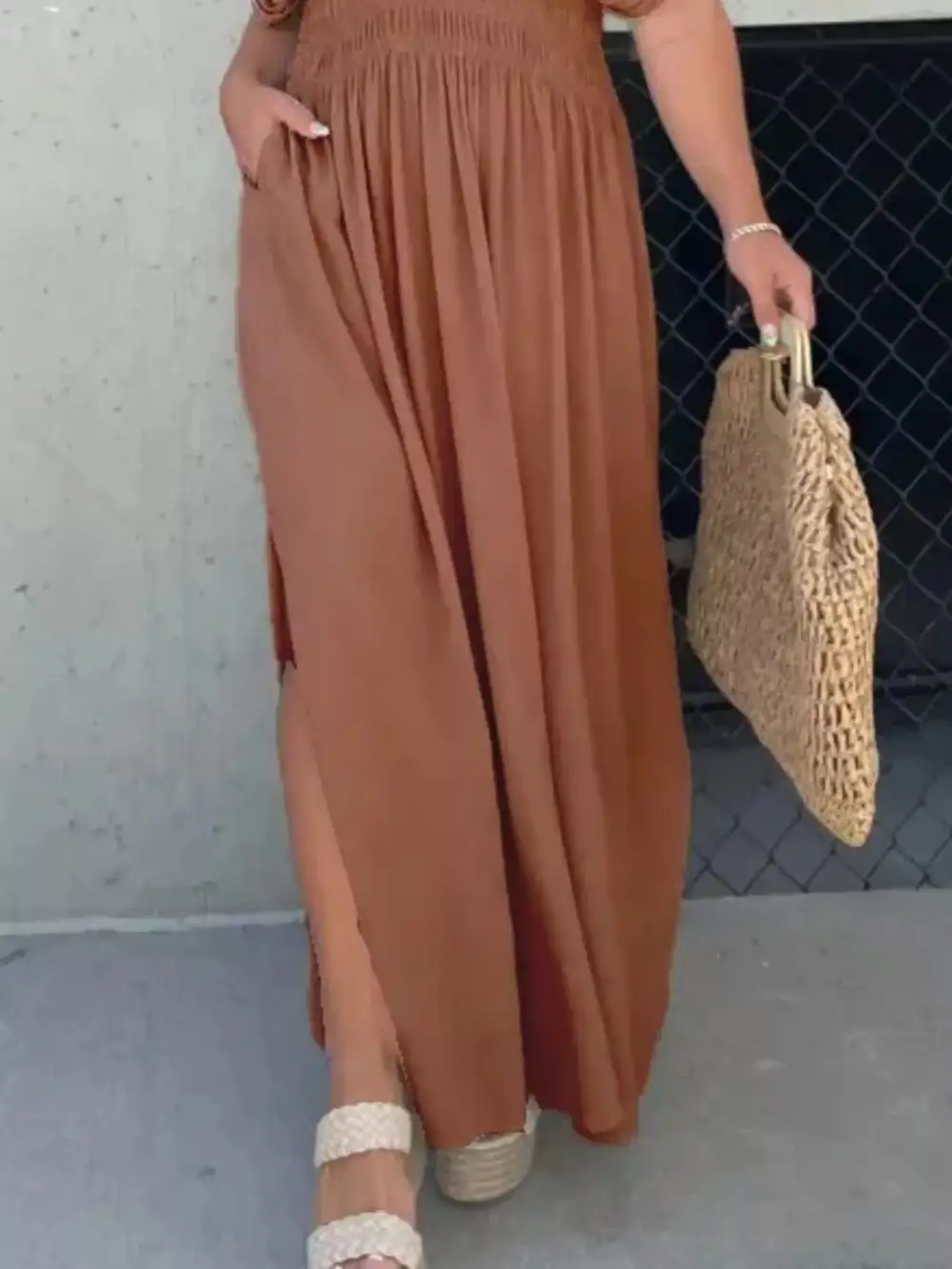 V Neck Smocked Slit Maxi Dress