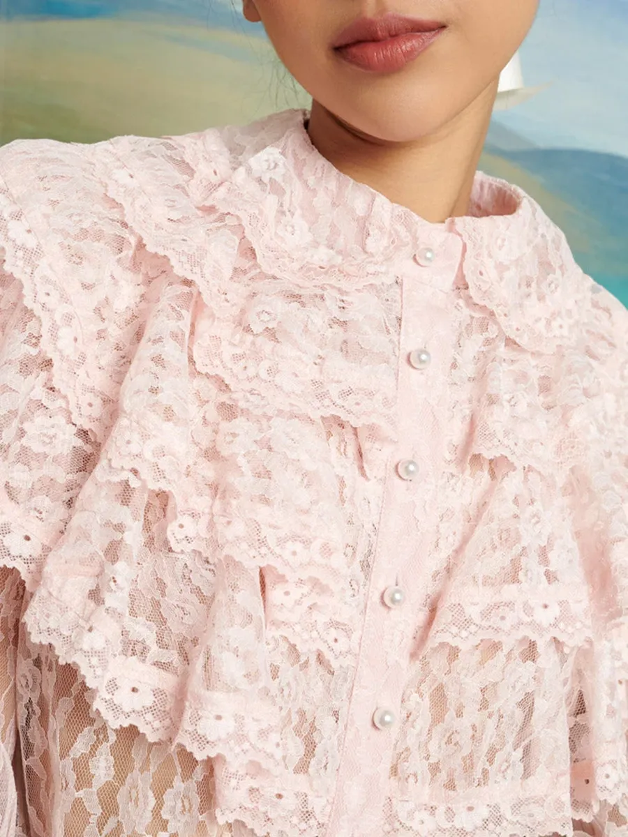 Casual Regular Lace Ruffle Blouse