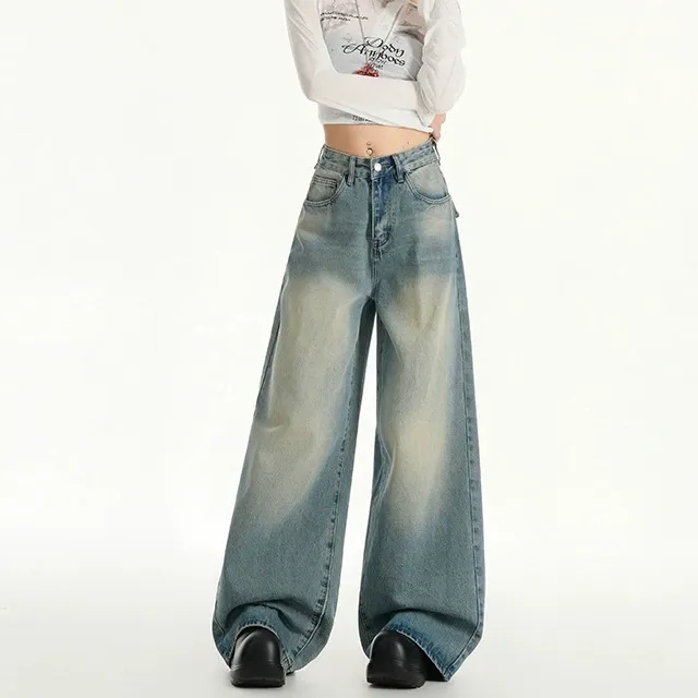 Vintage Wash High Waist Distressed Wide Leg Jeans