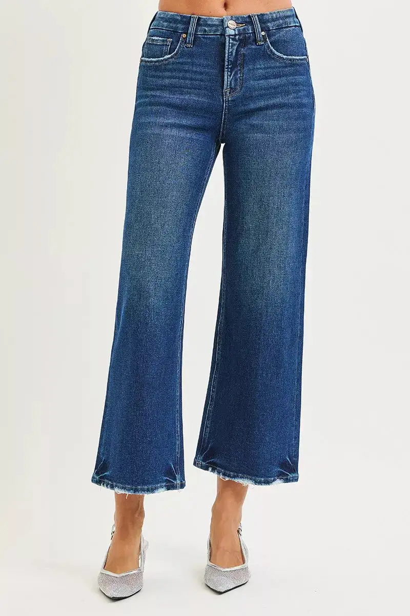 Modern High Rise Raw Hem Wide Leg Jeans