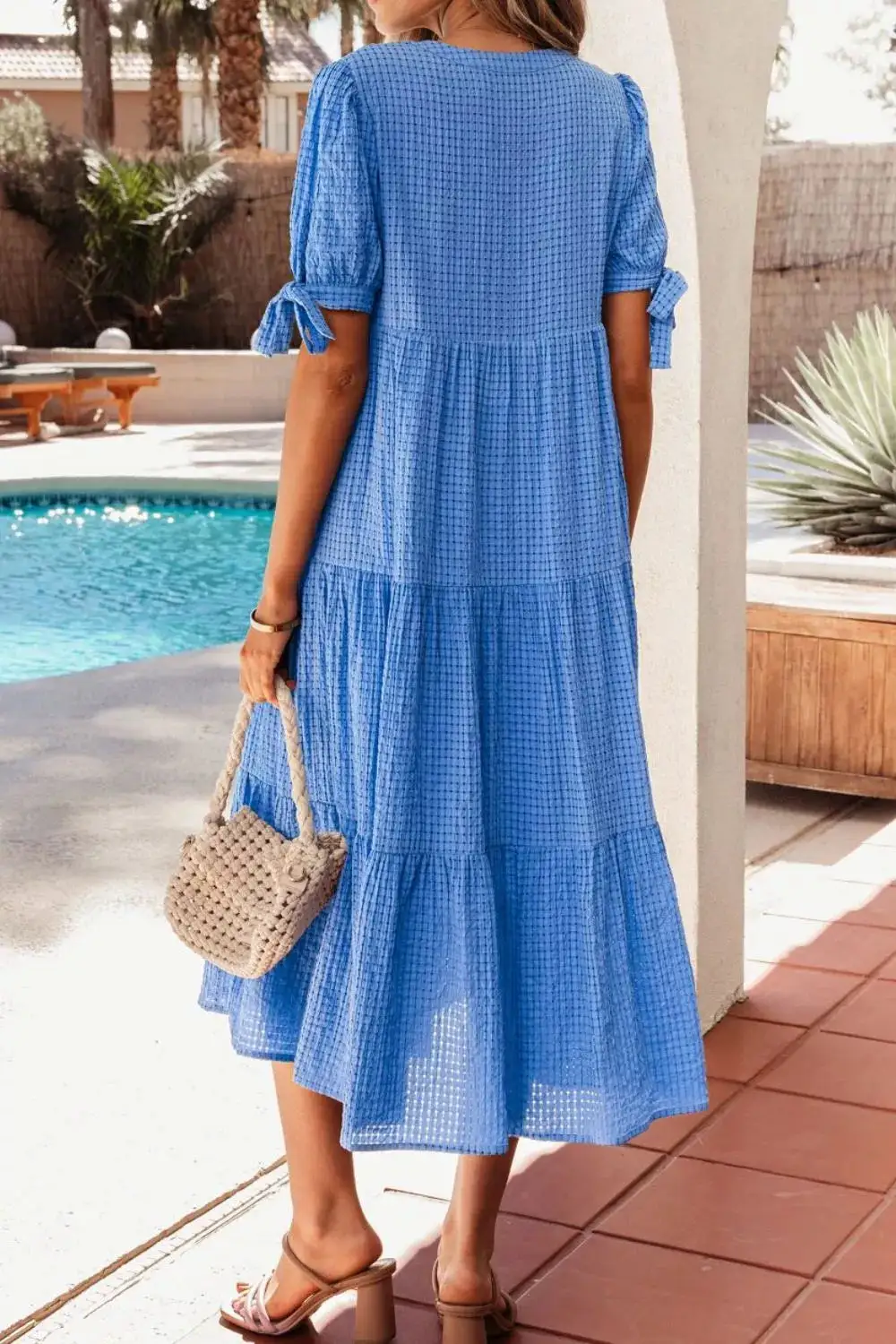 Notched Notched Short Sleeve Tiered Midi Dress