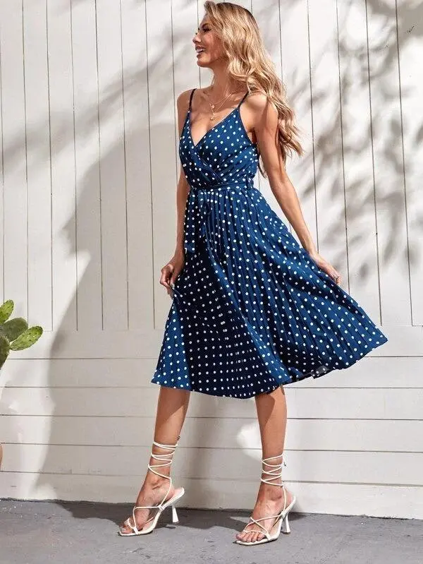 Women Polka Dot Wrap Belted Cami Dress