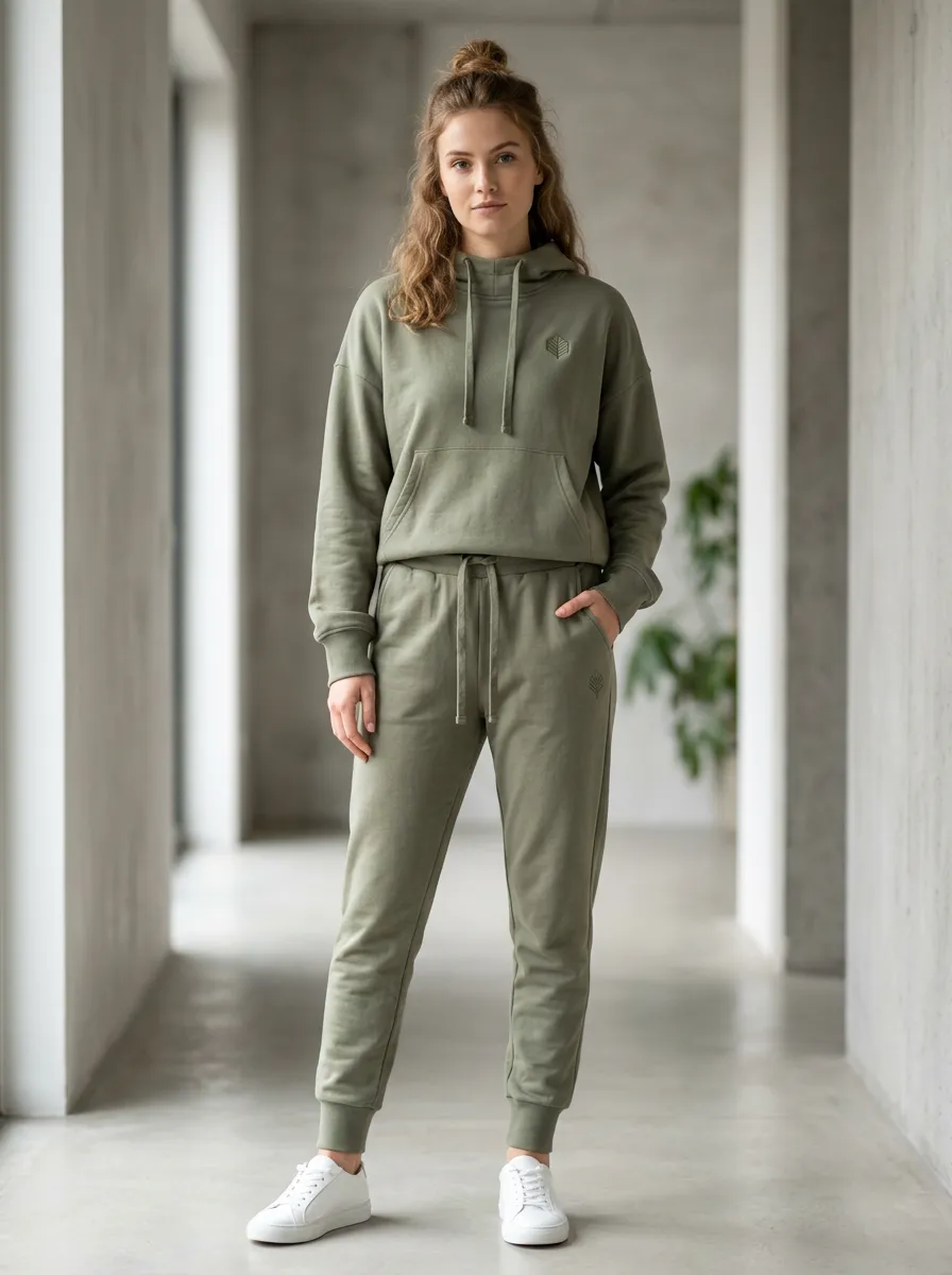 Women's Minimalist Olive Green Leaf Logo Printed Hoodie Jogger Set