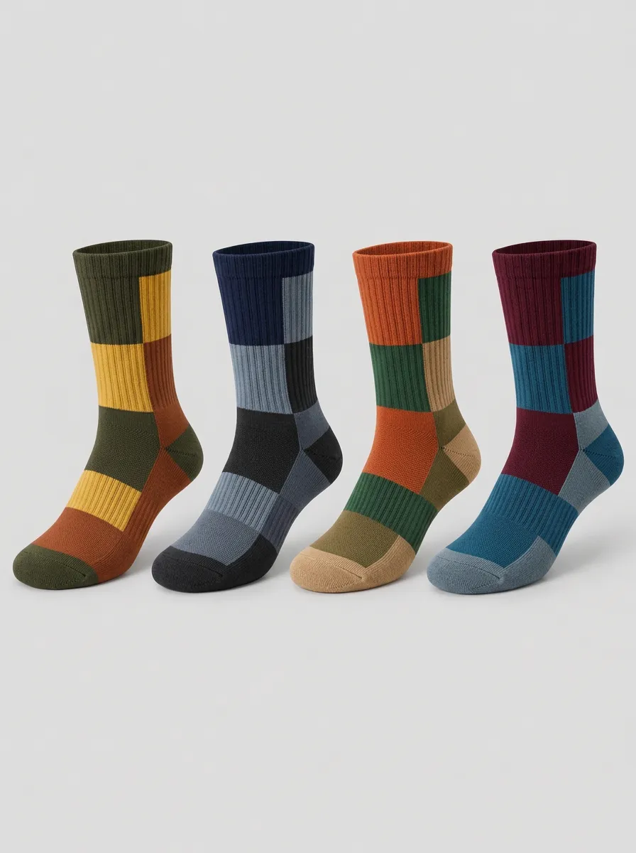 Men's Multicolor Block Pattern Colorblock Crew Socks 4-Pack