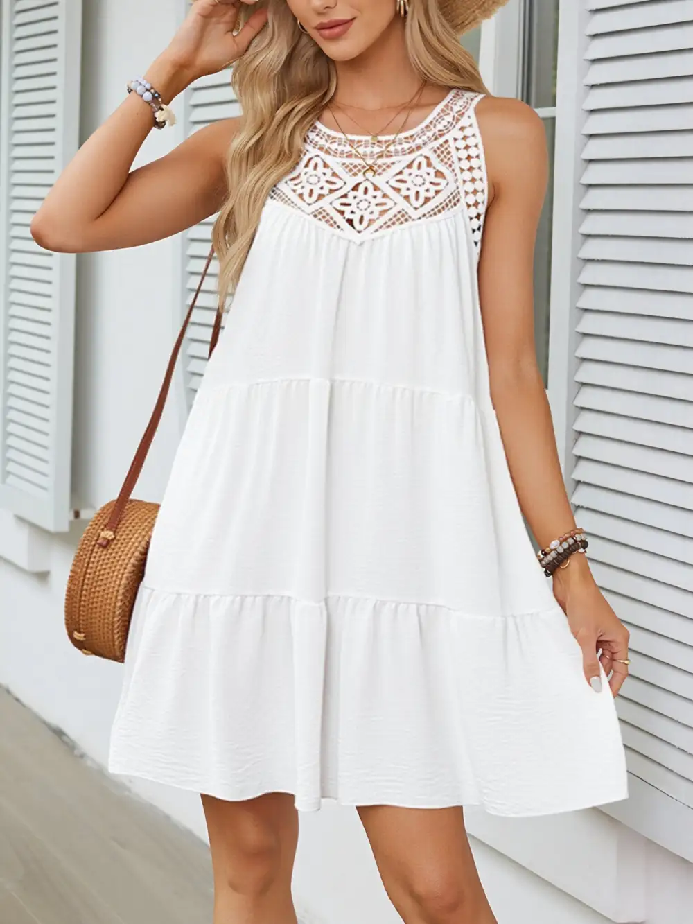 Boho Lace Sleeveless Tiered Above-Knee Length Dress