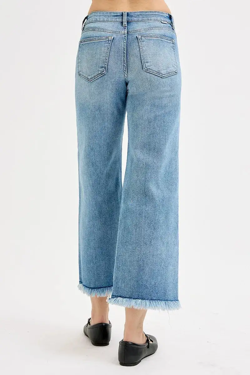 Mid Rise Raw Hem Frayed Hem Wide Leg Jeans