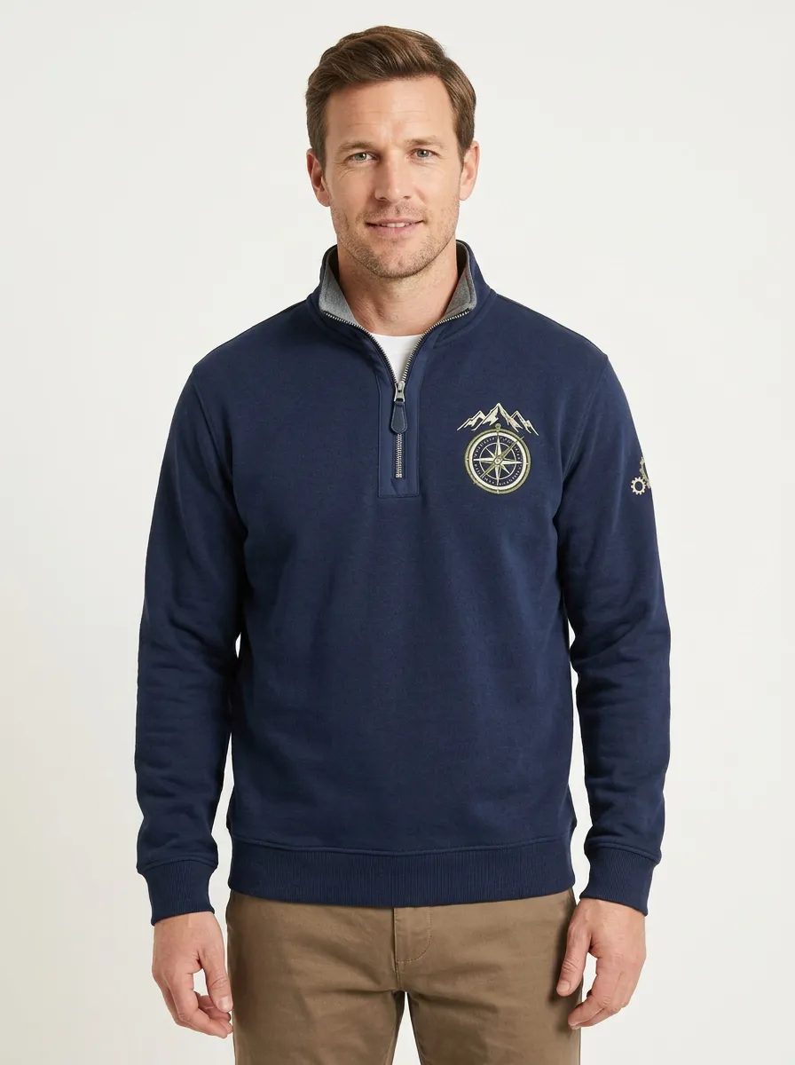 Men's Embroidered Compass Mountain Quarter Zip Sweatshirt