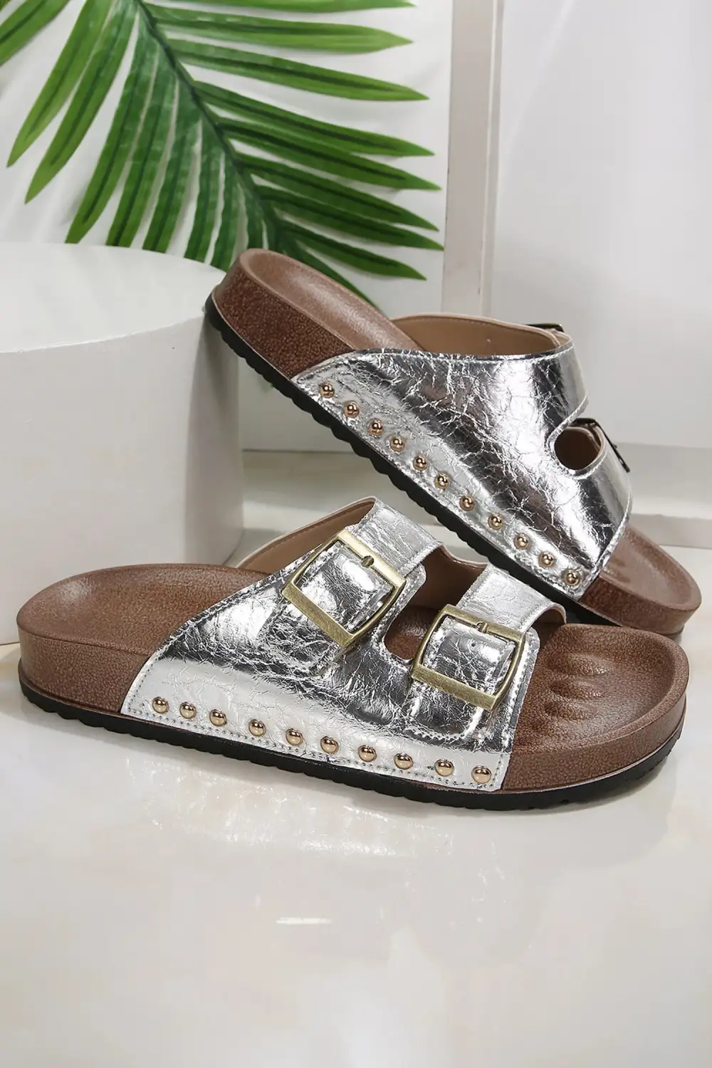 Contemporary Studded Leather Buckle Strappy Flat Sandals