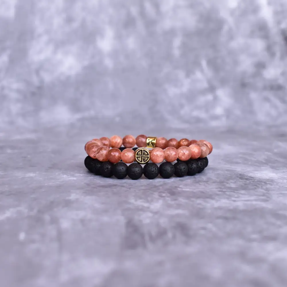 Celtic Knot Dual-Stone Lava Sunstone Bead Bracelet