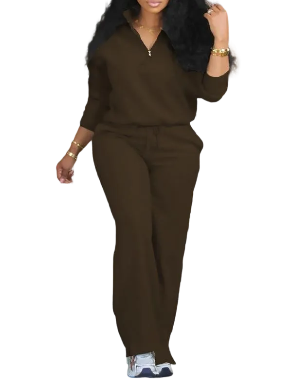 Women's Solid Half Placket Split Hem Pants Set