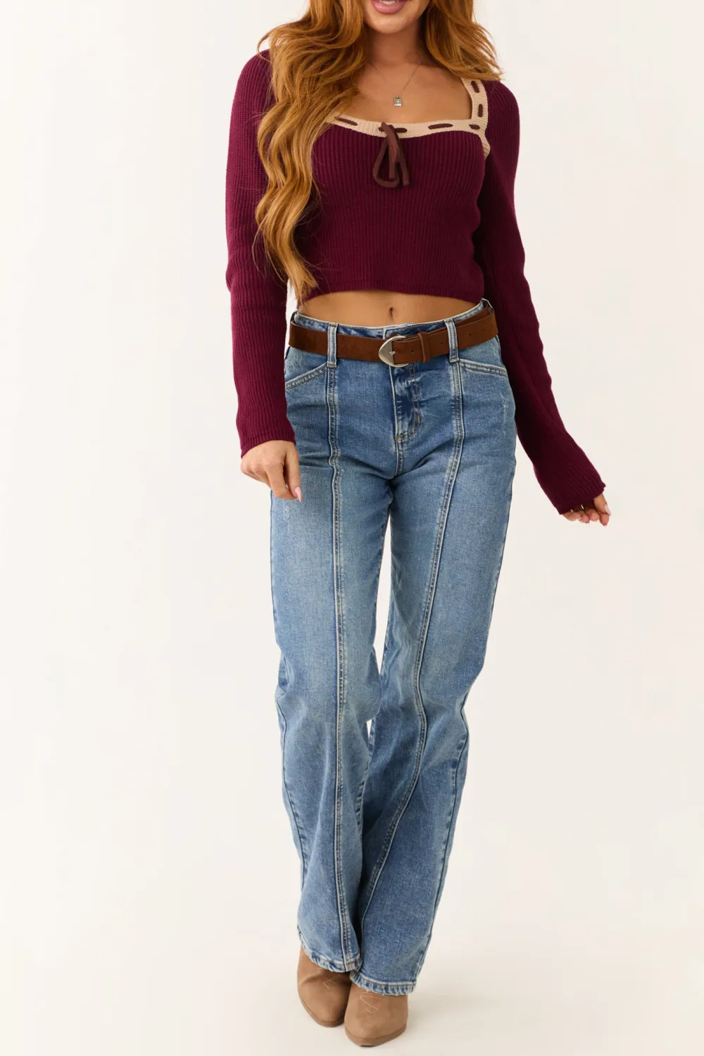 Wine Contrast Square Neck Cropped Sweater
