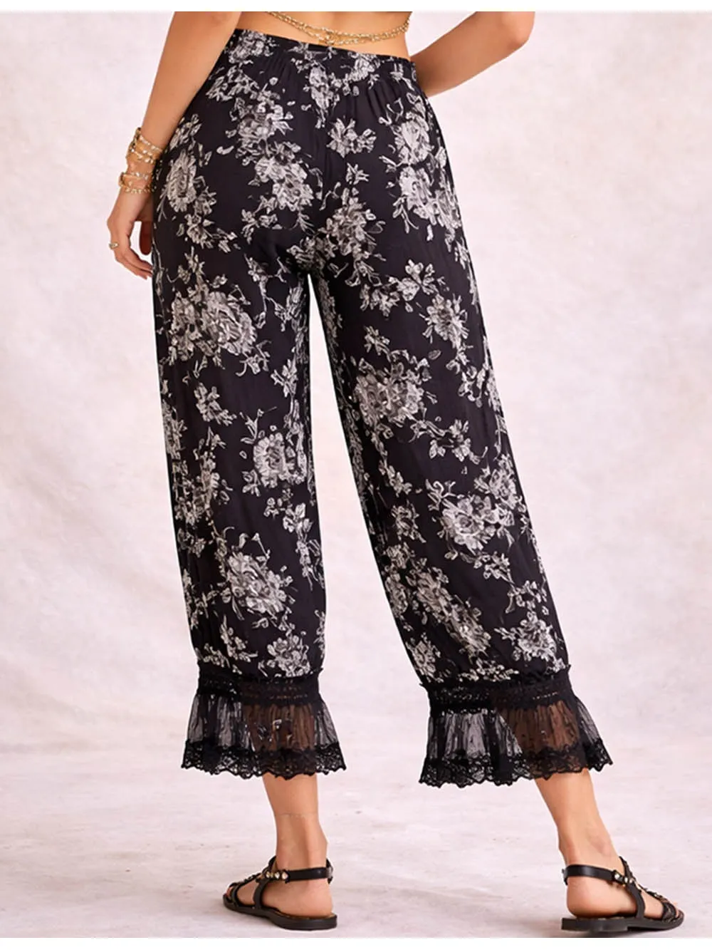 Lace Hem Flocked Elastic Waist Lantern Pants