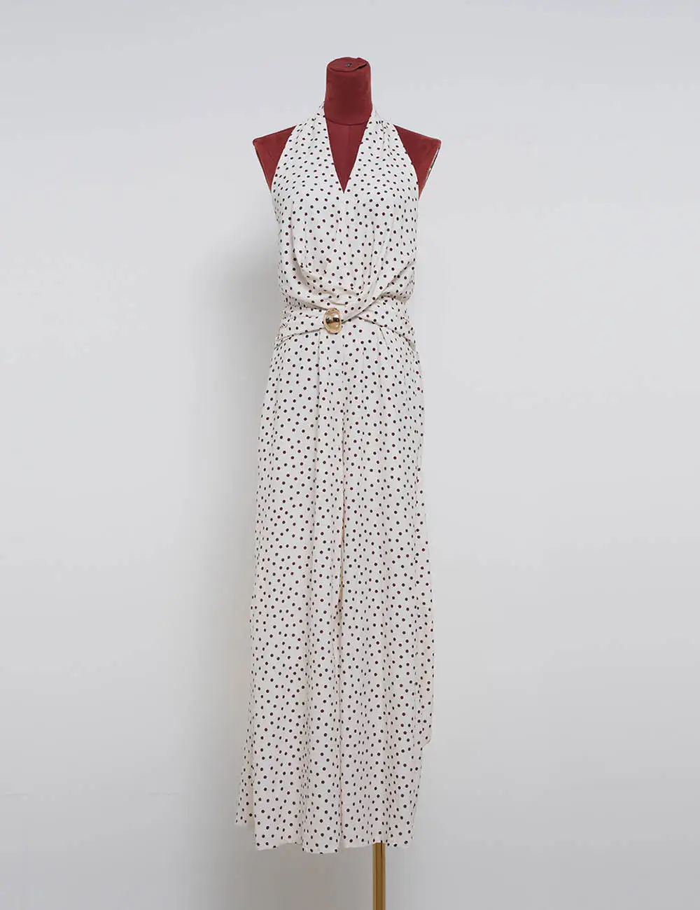 Polka Dot Halter Neck Metal Buckle Wide Leg Jumpsuit